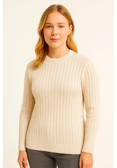 Bisiklet Yuvarlak Yaka Triko Kazak Pamuklu Kalın Fitilli Dokuma, Regular Fit Uzun Kollu Kışlık Model - Bej Bej Bisiklet Yuvarlak Yaka Triko Kazak Pamuklu Kalın Fitilli Dokuma, Regular Fit Uzun Kollu Kışlık Model - Bej Bej