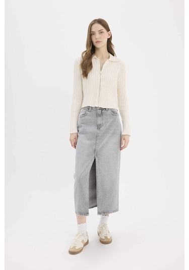 DeFacto Slim Fit Dar Kesim Polo Yaka Fermuarlı Hırka E4030AX25SPER105 Ekru