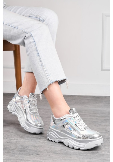 Günlük Kadın Spor Ayakkabı Yüksek Kalın Taban 6 Cm Suni Deri Sneaker 001 Gümüş
