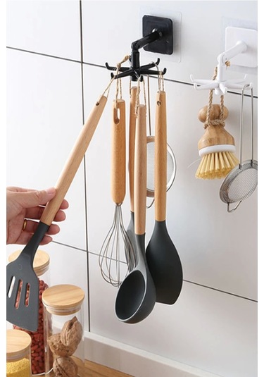 360 Dönen Altı Kancalı Çok Amaçlı Yapışkanlı Askı Mutfak Banyo Takı Askısı - 4 Adet Beyaz