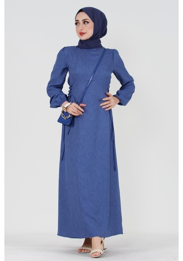 Yanı Bağcıklı Keten Elbise-mavi-3368-mavi Mavi