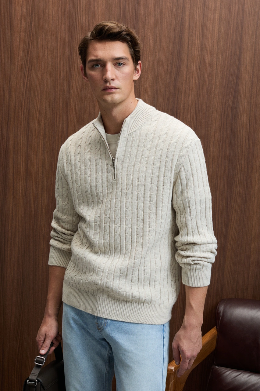 Grımelange Ivar Erkek Yarım Fermuarlı Dik Yakalı Saç Örgü Desenli Triko Taş Rengi Kazak Taş