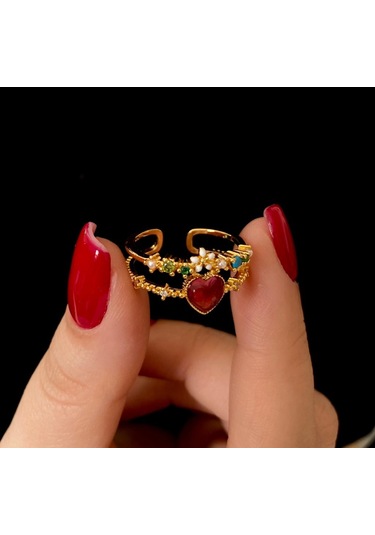 Kadın Yüzük İthal Zirkon Kararmaz Kalp Çicek Ayarlanabilir Kadın Yüzük Altın