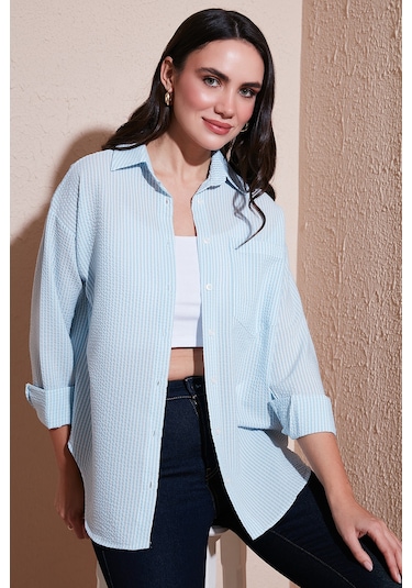 Lela Regular Fit Uzun Kollu Cepli Çizgili Bayan Gömlek 6772895 Bebe Mavi