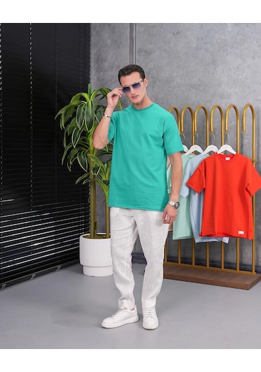 Modefendi Pamuk Likra Yırtmaç Detaylı 2 İplik Oversize Tshirt Yeşil