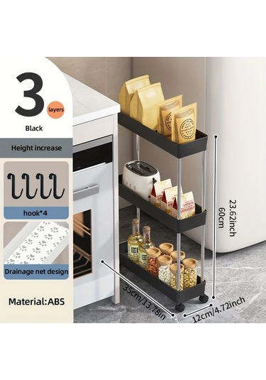 Sunshine011 3 Katlı İnce Siyah Tekerlekli Metal Depolama Arabası, Mutfak Banyo Çamaşır Odası İçin Dikey Organizatör, Montaj Gerekmez Siyah