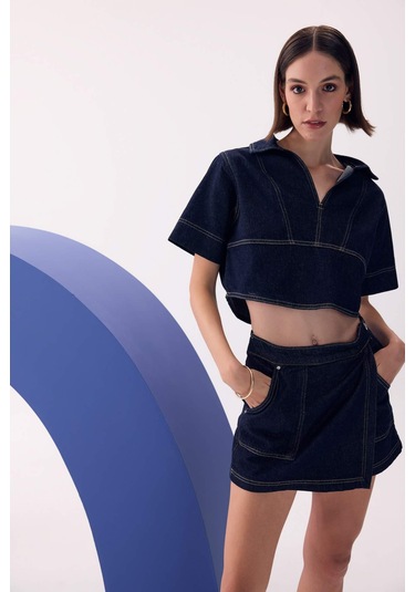 Defacto Fashion Fit Polo Yaka Kısa Kollu Jean Bluz D3716AX24AUNM34