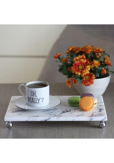 Akayev Mermer Leylak 30x20 Cm Gümüş Boncuk Ayak Sunum Tabağı Beyaz