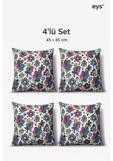 Dijital Baskılı Çift Taraflı Pamuklu Kırlent Kılıfı Gizli Fermuarlı, Astarlı 43 43 Cm 4'lü Set F