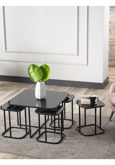 4+1 Siyah Kaplama Siyah Ayna Radüslü Orta Sehpa