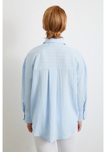 Kabartma Çizgili Oversize Gömlek Mavi Mavi