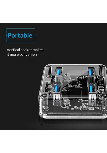 Orico Şeffaf Led Işıklı 5 Gbps 4 Portlu USB-A 3.0  Kablolu Çoklayıcı Hub 30 CM