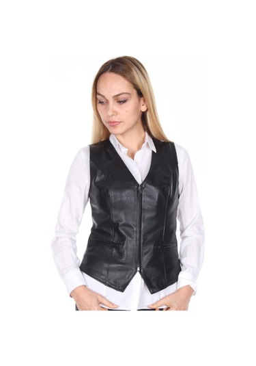 Deriwork Hakiki Deri Siyah Casual Fermuarlı Kadın Deri Yelek Siyah