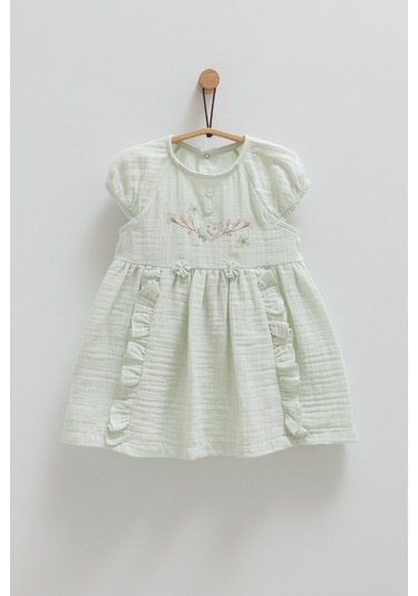 Kız Bebek Müslin Elbise Yeşil Çiçek İşlemeli Eteği Fırfırlı-1282 Yeşil
