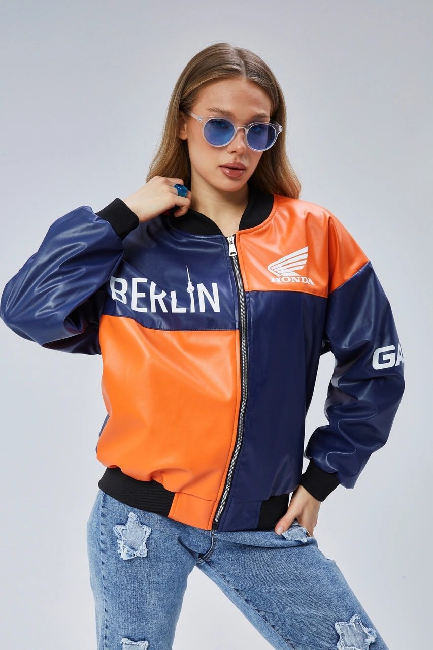 Kadın Oversize Baskılı Deri Motorcu Montu Fermuarlı Yarışçı Ceket Astarlı Bomber Kolej Mont Lacivert