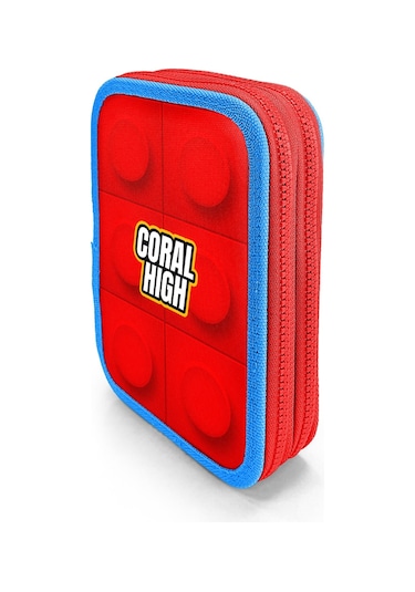 Coral High Kids Renkli Blok Desenli Çift Katlı Kalem Çanta 11157 Kırmızı