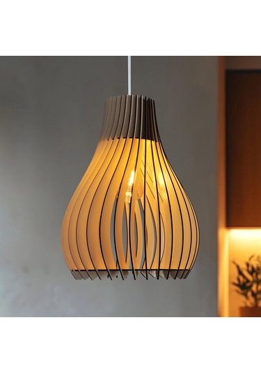 Vialux Modern Ahşap Bohem Rustik Avize Tekli Sarkıt Lamba Bej Bej