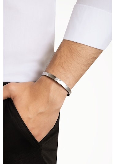 So Chic Siyah Taş Detaylı Çelik Erkek Kelepçe Bileklik Çelik