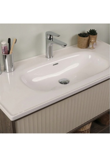 Kobos Elegant 100 Cm Banyo Dolabı Seti Grey Oak + Vanilya