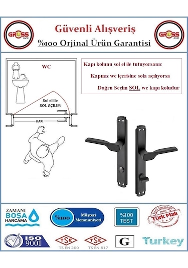 Lüx 2019 Mat Siyah Wc Banyo Kapı Kolu - 1 Takım Ön Ve Arka - Sol