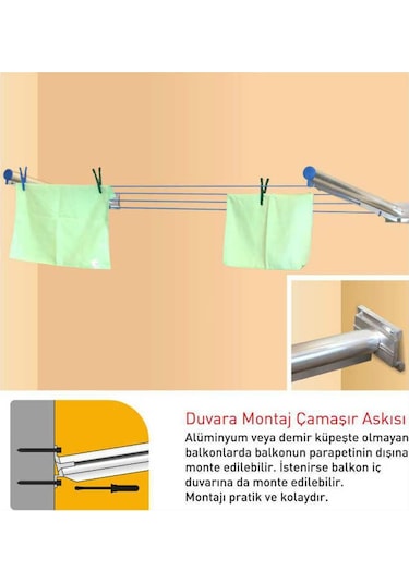 Pakas Balkon Çamaşır Kurutma Askısı Kurutmalık Duvara Monte Gümüş