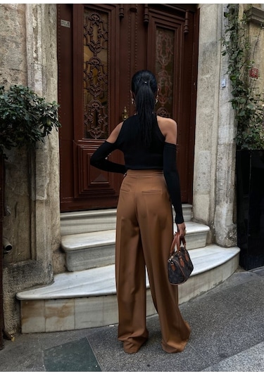 Hazego Üç Düğme Detayli Palazzo Pantolon Kahve