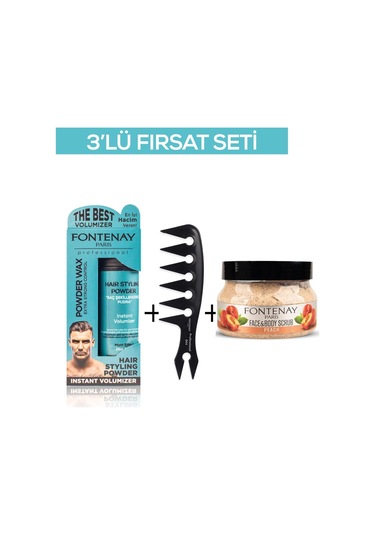 Fontenay Pudra Toz Wax Mavi 20gr + Şekil Tarağı 044 + Face And Body Scrub Şeftali 350ml 3'lü Set