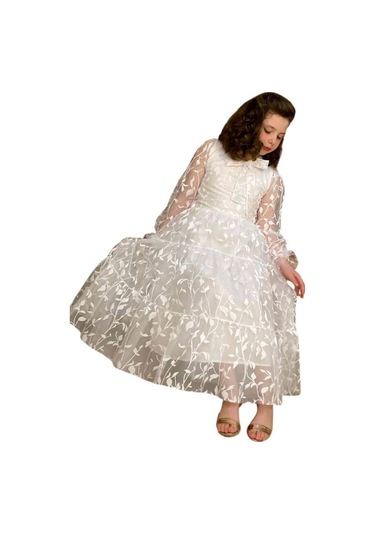 Riccotarz Kız Çocuk Kolları Ve Yakası Şeffaf Tüllü Ve Yaprak Detaylı Beyaz Elbise Beyaz