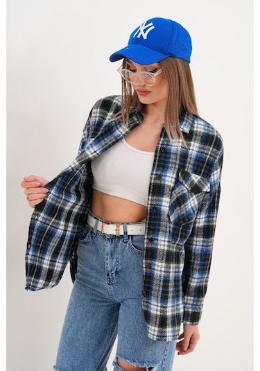 Kadın Desen Bloklu Oduncu Oversize Bol Ve Geniş Kalıp Casual Cepli Yakalı Ceket Gömlek Lacivert
