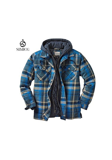 Kalın Pamuklu Ekose Uzun Kollu Bol Kapüşonlu Erkek Ceketi Mavi