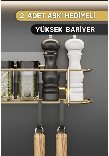 Bino Baharatlık Lüks Metal Gold Mutfak Rafı Banyo Rafı Yapışkanlı Kancalı Şık Tasarım Tuzluk Askılık Çok Renkli
