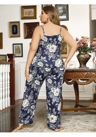 Büyük Beden Çiçek Desenli İnce Askılı Lacivert 2'li Takım Lacivert