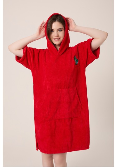 Palmiye Sörf Nakışlı Yetişkin Sörf Yazlık Panço Kapüşonlu Plaj Havlusu Bordo Bordo