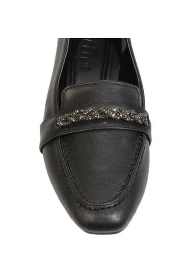 Yazkış Kadın Siyah Krem Cilt Üzeri Taş Kemerli Günlük Düz Babet 001