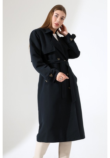 Amazon Keten Kumaş Diz Altı Yumuşak Dokulu Düğmeli Astarlı Trenç Kot Siyah Siyah