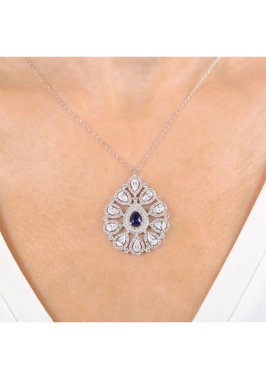 Mia vento Pırlanta Montür Sentetik Safir Kraliyet Nişanı Gümüş Kolye