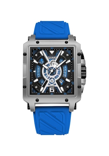 Yashıdun 5071 Şık Kare Kuvars İzle Silikon Kayış Erkekler Aydınlık Bilek Saati - Gümüş Kadran / Mavi Kayış Çok Renkli