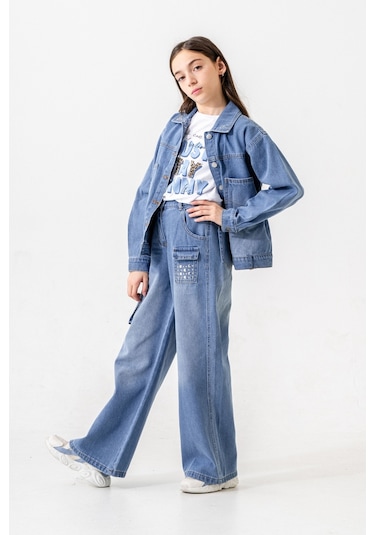 Kız Çocuk Yaka Taşlı Kot Ceket 1548 Mavi