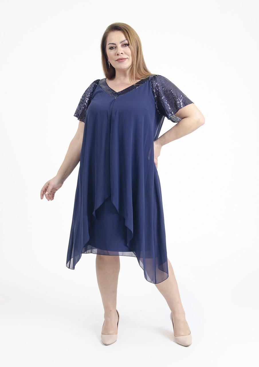 Büyük Beden Lacivert Renkli V Yakalı Pul Payet Detaylı Şifon Kısa Abiye Elbise Lacivert
