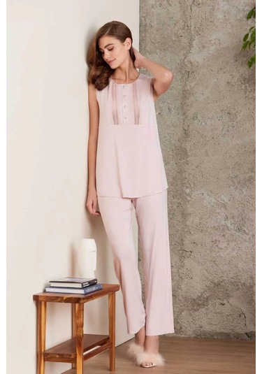 Pierre Cardin 2800 Kadın Penye Dantelli Sabahlıklı Pijama Takım-pudra Pudra