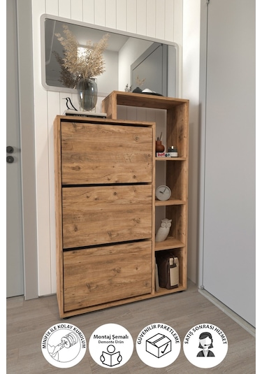 Bofigo Lego Ayakkabılık Düşer Kapak Raflı Ayakkabılık Çam