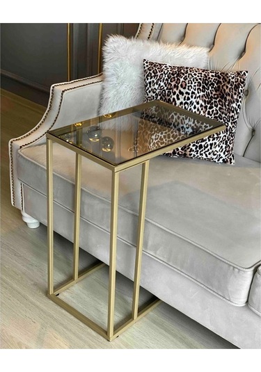 Leyni Gold Metal Yan Camlı Sehpa Gold