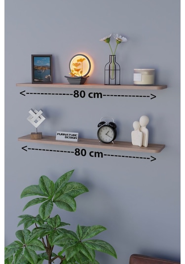 Dekoratif Uçan Duvar Rafı 2 Adet Gizli Monteli Raf Oval Kesim 80x18 Cm Çam