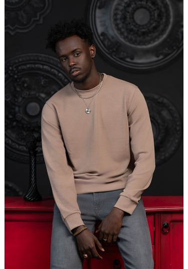 Dorss Regular Fit Armürlü Bisiklet Yaka Likralı Mevsimlik Sweatshirt Kahverengi