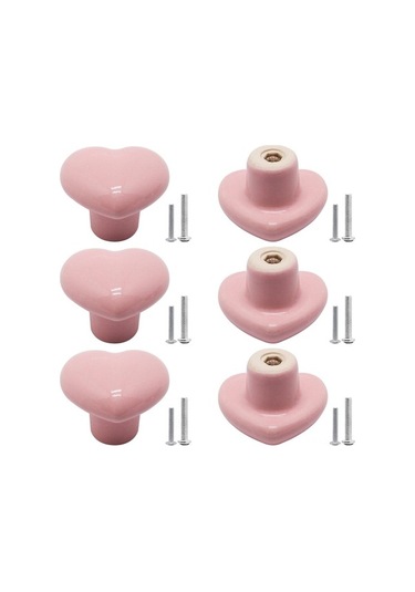 Fortunelane Pembe Seramik Kalp Kolu, Çocuk Odası Dolap Kolu, Mutfak Aksesuarı, Dekoratif Mobilya Kolu 6 Adet