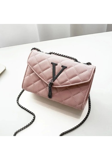 Trendy Büyük Kapasiteli Manyetik Toka Saçak Zincir Çanta Elmas Izgara Omuz Pembe Pembe