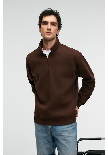 BAXTER Erkek Dik Yakalı Fermuarlı Relaxed Kahverengi Sweatshirt