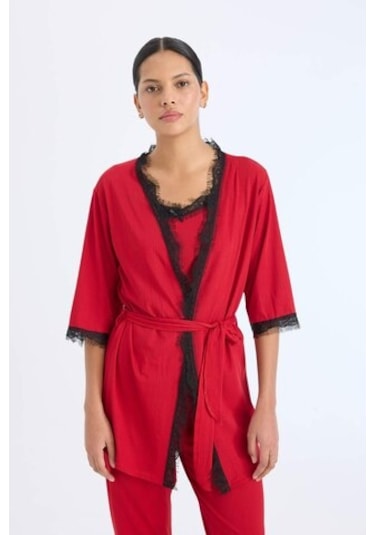 Defacto Fall İn Love Yılbaşı Temalı Wrap Yaka Yarım Kol Kuşaklı Sabahlık B7696ax23wnrd119 Kırmızı
