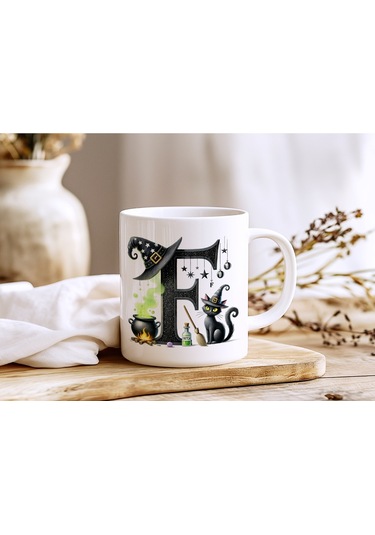F Harfli Halloween Kedili Figür Kupa Bardak - Şapkalı Ve Kazanlı İsme Özel Kupa - Hediye Beyaz