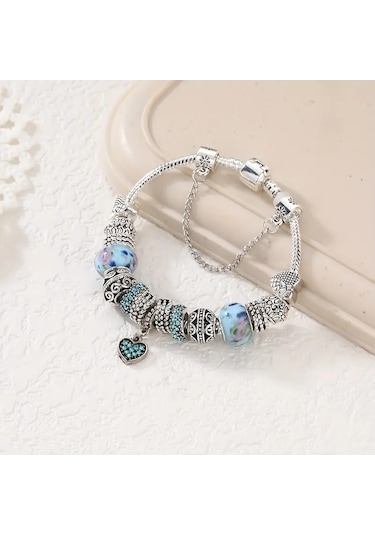 Trend Kalp Aşk Temalı Mavi Charm Bileklik, Ahşap Kutu İçerisin